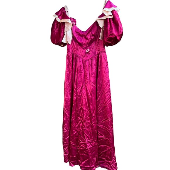 Vintage Gunne‎ Sax Burgundy Satin Pink Lace Short Puff Sleeve Maxi Dress No Size - Picture 2 of 16